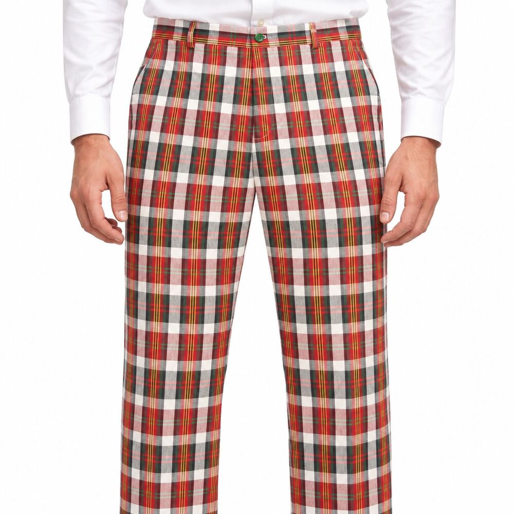 Mens 36 Red Green Madras Plaid Cotton Straight Fit Dress Pants Trousers Handmade